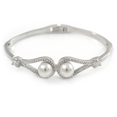 Elegant Double Loop Glass Pearl, Clear Crystal Bangle Bracelet In Rhodium Plated Metal - 17cm L (For Smaller Hands) - main view