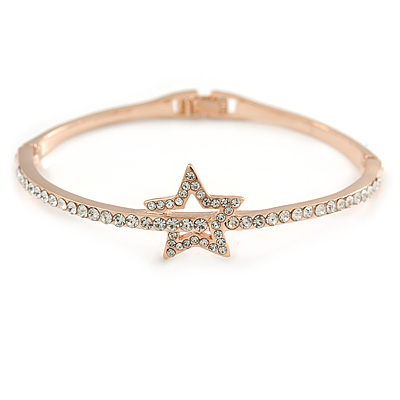 Delicate Crystal Star Bangle Bracelet In Rose Gold Tone Metal - 18cm L - main view