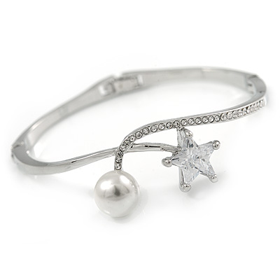 Elegant Clear Crystal, Cz Star, Glass Pearl Bangle Bracelet In Rhodium Plating - 18cm L - main view