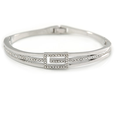 Delicate Austrian Crystal Buckle Bangle Bracelet In Rhodium Plated Metal - 18cm L - main view