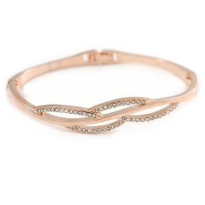 Delicate Clear Crystal Curved Bangle Bracelet In Rose Gold Tone Metal - 18cm L - main view