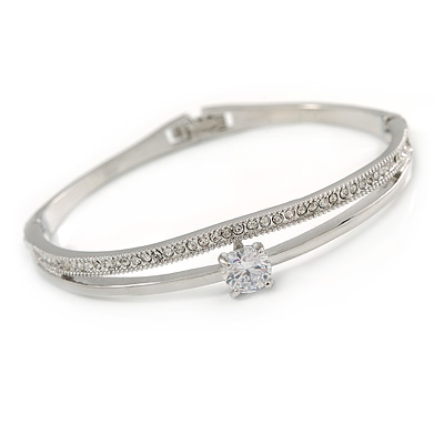 Delicate Rhodium Plated Cz, Clear Crystal Bangle Bracelet - 18cm L - main view