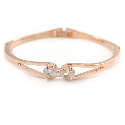 Delicate Double Loop CZ Bangle Bracelet In Rose Gold Tone Metal - 17cm L (For Small Wrists)