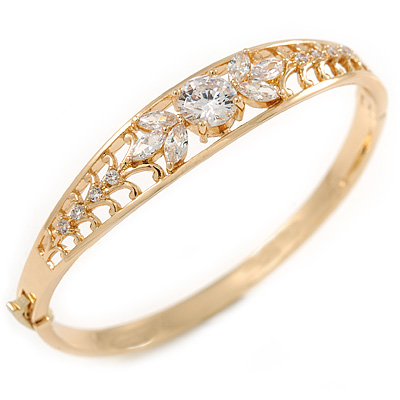 Gold Plated Round, Marquise Cut Clear CZ Bangle Bracelet - 18cm L - main view
