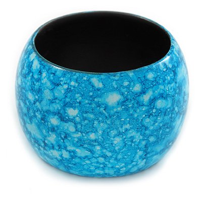 Chunky Sky Blue Marbled Effect Wood Bangle Bracelet - Medium - up to 19cm L