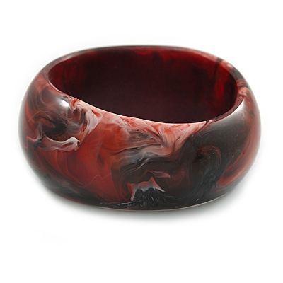 Chunky Assymetrical with Marble Effect Oxblood Acrylic Bangle Bracelet - Large - 20cm L - main view