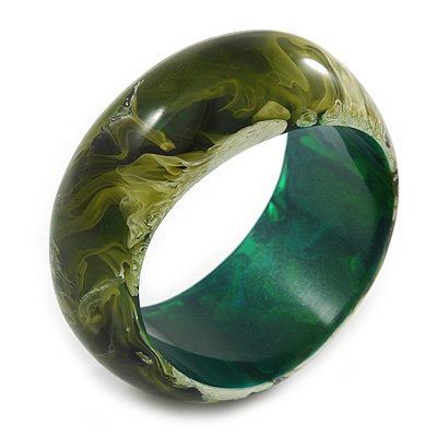Chunky Assymetrical with Marble Effect Green Acrylic Bangle Bracelet - Large - 20cm L - main view