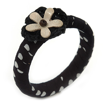 Black/ White Polka Dot Fabric Bangle with Croshet/ Leather Flower - 17cm L - main view