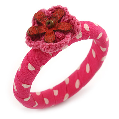 Deep Pink/ White Polka Dot Fabric Bangle with Crochet/ Leather Flower - 17cm L - main view