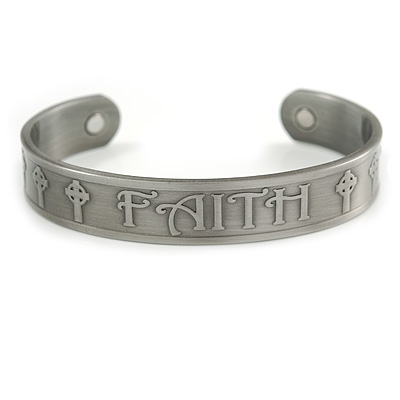 Men Celtic Pattern 'Faith' Pewter-Plated Copper Magnetic Cuff Bracelet with Two Magnets - Adjustable Size - 7½ - main view