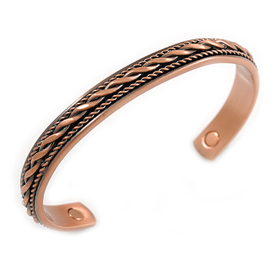 Men Women Weave Motif Copper Magnetic Cuff Bracelet with Two Magnets - Adjustable Size - 7½" (19cm )