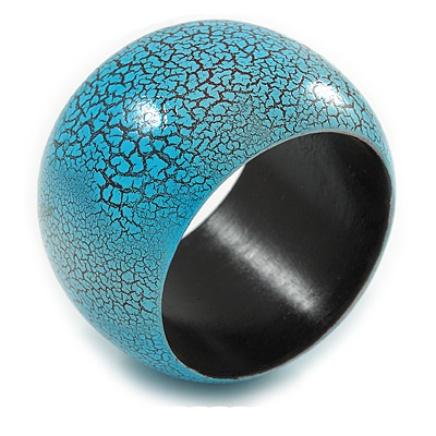Wide Chunky Cracked Effect Wood Bracelet Bangle (Light Blue/ Black) - Medium - 19cm L - main view