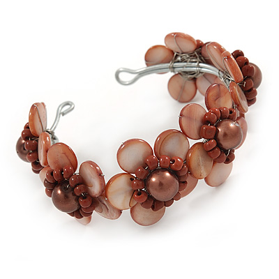 Brown Shell Floral Cuff Bracelet - Adjustable - main view