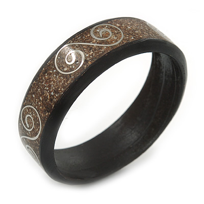 Dark Brown Wood with Silver Metal Inlay Bangle Bracelet - 20cm L/ Large - main view