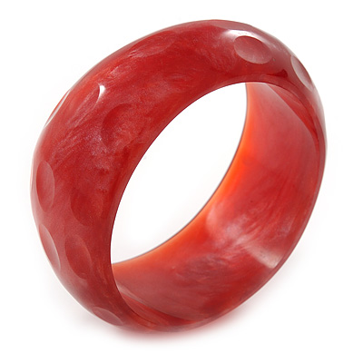 Chunky Cranberry Red with Hammered Effect Acrylic Bangle Bracelet - Large - 20cm L
