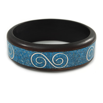 Dark Brown/ Light Blue Wood with Silver Metal Inlay Bangle Bracelet - 20cm L/ Large - main view