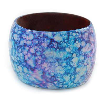 Chunky Wide Light Blue/ Purple Marble Effect Wood Bangle Bracelet - 20cm L/ Large - main view