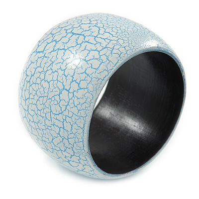 Wide Chunky White/ Light Blue Cracked Effect Wood Bracelet Bangle - Medium - 19cm L - main view