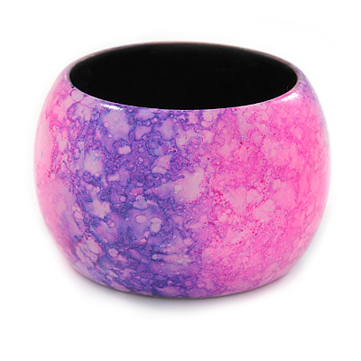 Chunky Wide Bright Pink/ Purple Marble Effect Wood Bangle Bracelet - 18cm L/ Medium - main view