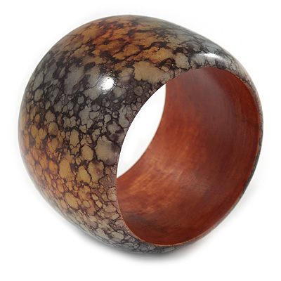 Chunky Wide Black/ Orange Marble Effect Wood Bangle Bracelet - 19cm L - main view