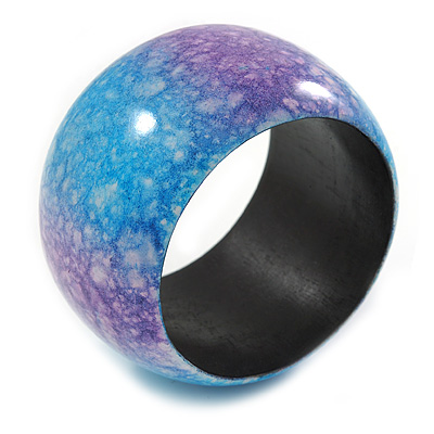 Chunky Wide Light Blue/ Purple Marble Effect Wood Bangle Bracelet - 19cm L - main view