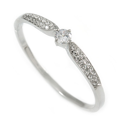 Statement Crystal, Round Cz Bangle Bracelet in Polished Silver Tone Metal - 19cm L - main view