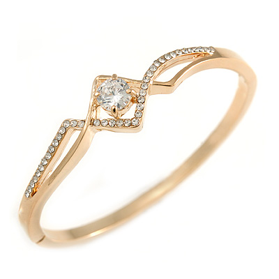 Fancy Clear Crystal, Cz Bangle Bracelet in Polished Gold Plated Metal - 19cm L - main view