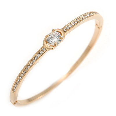 Delicate Clear Crystal Round Cut Cz Bangle Bracelet In Gold Plated Metal - 19cm L - main view