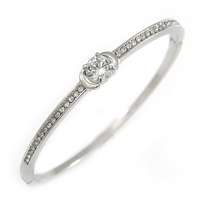 Delicate Clear Crystal Round Cut Cz Bangle Bracelet In Rhodium Plated Metal - 19cm L - main view