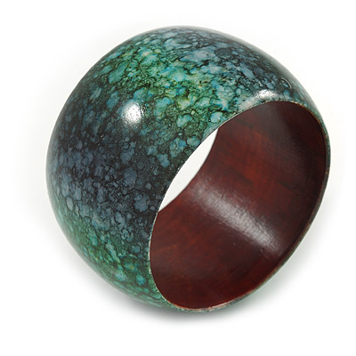 Chunky Wide Green/ Black Marble Effect Wood Bangle Bracelet - 20cm L/ Large - main view