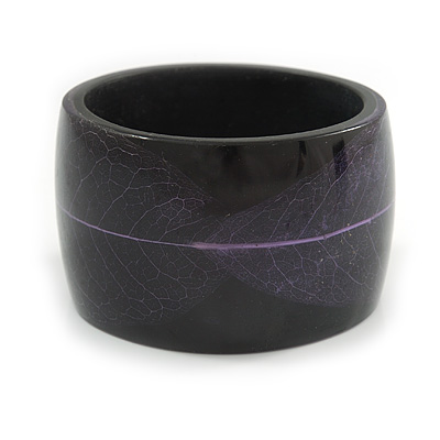 Chunky Acrylic Bangle Bracelet with Leaf Motif (Black/ Purple) - 17cm L (Medium) - main view