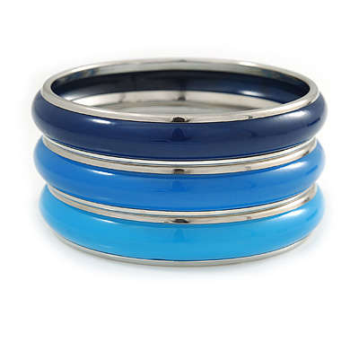 Set Of 3 Blue Enamel Slip-On Bangle Bracelets In Silver Tone Metal - 20cm L - main view