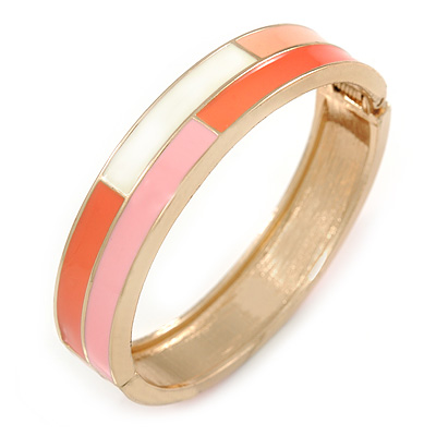 Pink/ White/ Coral Enamel Oval Hinged Bangle Bracelet In Gold Tone Metal - 20cm L - main view