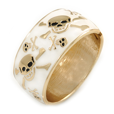 Chunky White Enamel with Skull Motif Hinged Bangle Bracelet In Gold Tone Metal - 20cm L