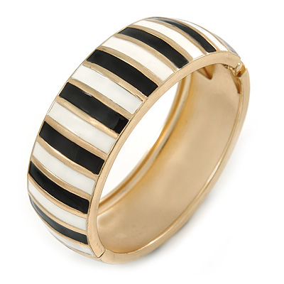 Black/ White Enamel Stripy Hinged Bangle Bracelet In Gold Tone Metal - 18cm L - main view