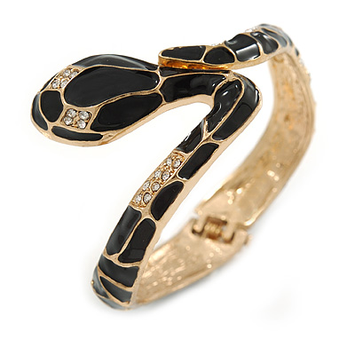 Black Enamel Crystal Snake Hinged Bangle Bracelet In Gold Tone Metal - 18cm L - main view