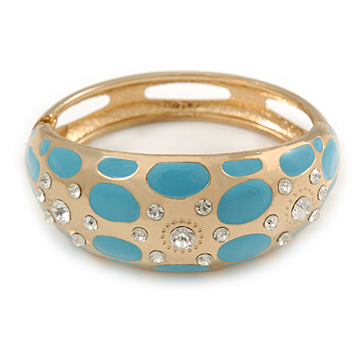 Statement Gold Tone Crystal with Blue Enamel Dots Oval Hinged Bangle Bracelet - 18cm L - main view
