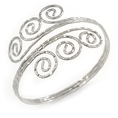Greek Style Twirl Hammered Upper Arm, Armlet Bracelet In Silver Tone - Adjustable - main view