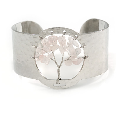 Stunning Pale Pink Semiprecious Stone Tree Of Life Hammered Cuff Bangle Bracelet In Silver Tone - Flex