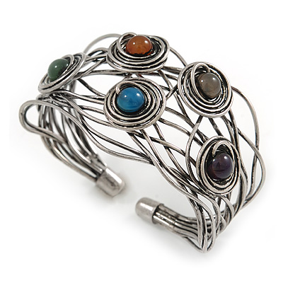 Vintage Inspired Multicoloured Semiprecious Stone Wire Cuff Bracelet/ Bangle - Silver Tone - Adjustable - main view