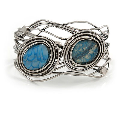 Vintage Inspired Blue Semiprecious Stone Wire Cuff Bracelet/ Bangle - Silver Tone - Adjustable - main view