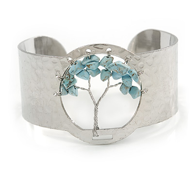 Stunning Turquoise Stone Tree Of Life Hammered Cuff Bangle Bracelet In Silver Tone - Flex - main view