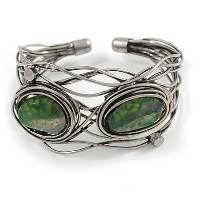 Vintage Inspired Green Semiprecious Stone Wire Cuff Bracelet/ Bangle - Silver Tone - Adjustable