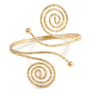 Egyptian Style Swirl Upper Arm, Armlet Bracelet In Gold Tone with Hammered Detailing - Adjustable - main view