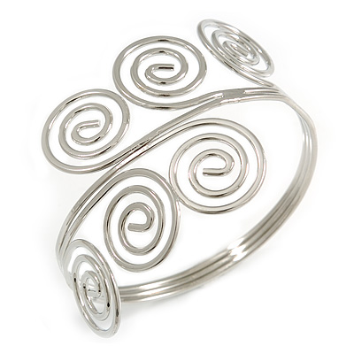 Greek Style Twirl Polished Upper Arm, Armlet Bracelet In Silver Tone - Adjustable - main view