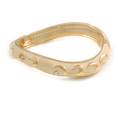Light Cream Enamel Curvy Crystal Hinged Bangle in Gold Tone Metal - 18cm Long