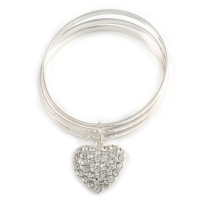 Silver-Tone Crystal Heart Set Of 3 Bangles - 17cm Long - main view