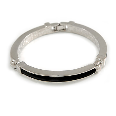 Rhodium Plated Bar with Black Rubber Element Fashion Bangle - 19cm Long - main view