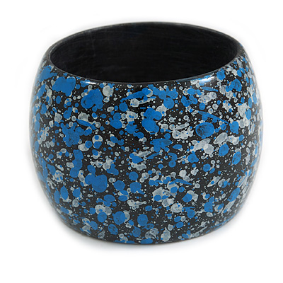 Wide Chunky Wooden Bangle Bracelet in Blue/ White/ Black - main view