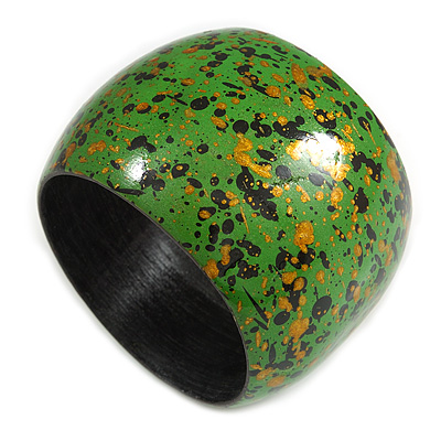 Wide Chunky Wooden Bangle Bracelet in Green/ Gold/ Black - main view